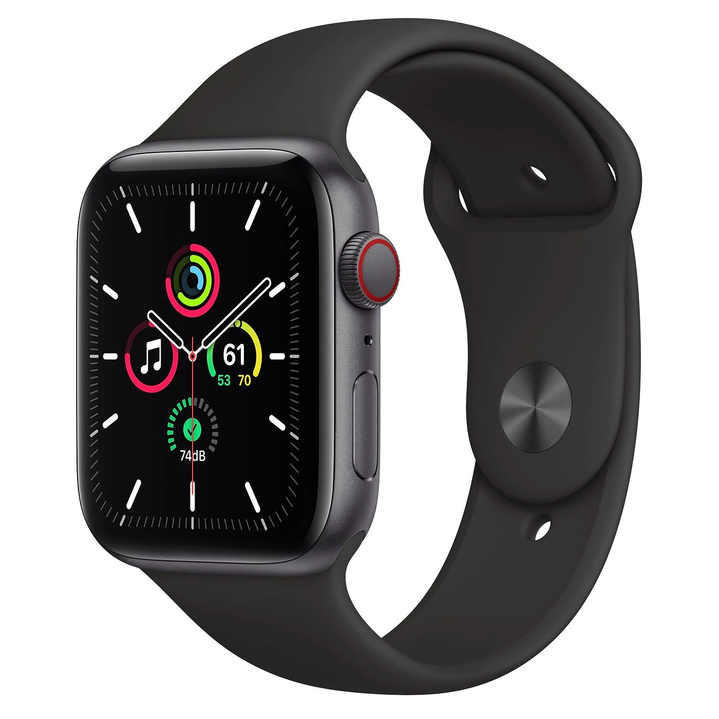 Apple Watch SE GPS + Cellular 44mm Space Gray Aluminum Case with Black Sport Band (MYER2, MYF02)